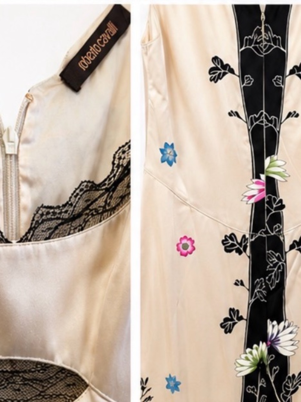 Roberto Cavalli Cream Floral Silk Embroidered Mini Dress with Black Trim - Picture 3 of 3